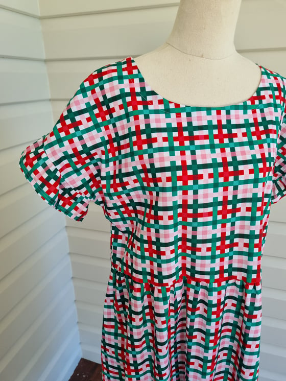 Image of HANNAH Frill Sleeve in FESTIVE GRID Available in SMALL & MEDIUM.