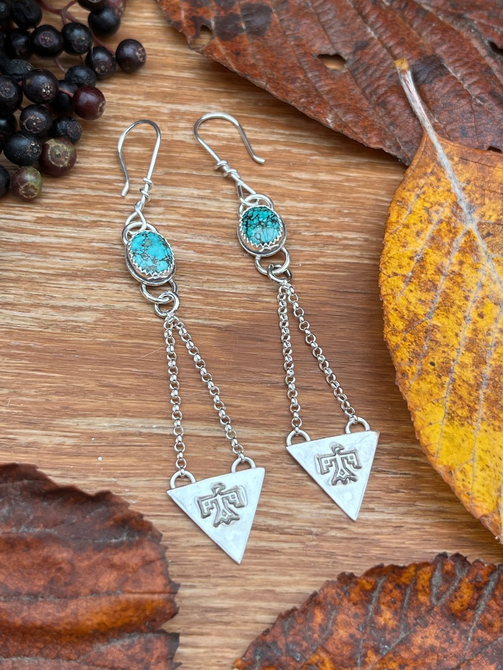 Handmade Sterling Silver Kingman Turquoise Thunderbird Dangly Earrings