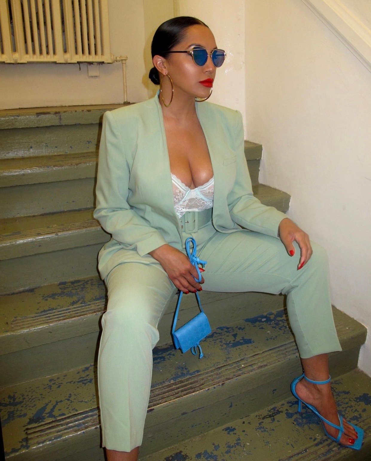 Image of ZARA MINT GREEN 2-PIECE BELTED SUIT (LARGE)