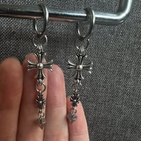 Image 2 of ♱ Alt Goth Gunmetal Spike Cross Hoops ♱