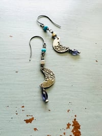 Image 1 of sterling silver crescent moon earrings with opals and turquoise