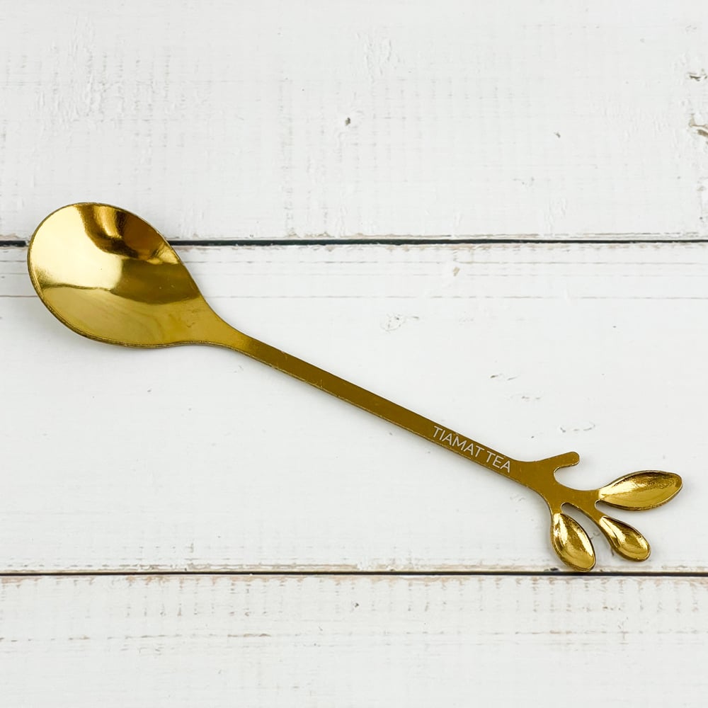 Image of Stainless steel vintage teaspoon gold golden leaf tree branch coffee tea dessert spoon small tiny