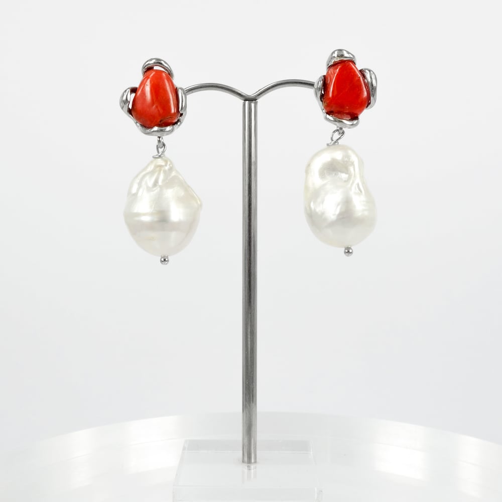 Image of Sicilian artisan sterling silver, coral and baroque pearl drop earrings. M3205