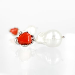 Image of Sicilian artisan sterling silver, coral and baroque pearl drop earrings. M3205
