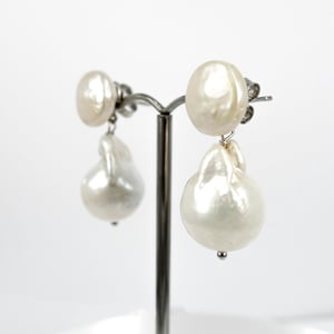 Image of Sicilian artisan sterling silver  baroque pearl drop earrings. M3206