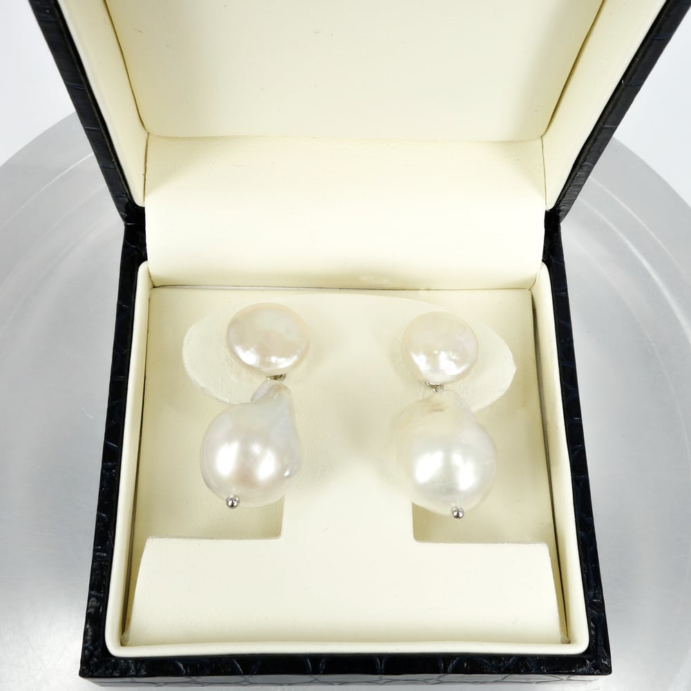 Image of Sicilian artisan sterling silver  baroque pearl drop earrings. M3206