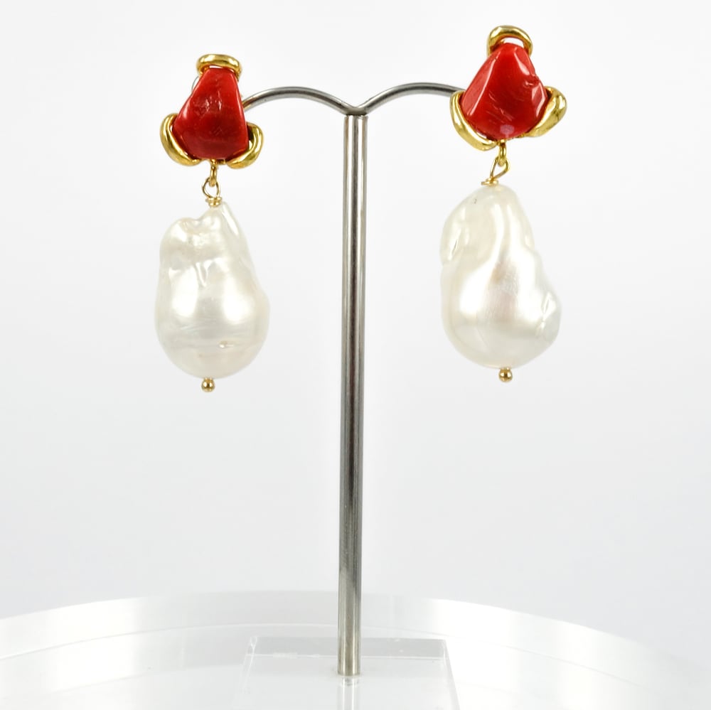 Image of Sicilian artisan yellow gold plated sterling silver, coral and baroque pearl drop earrings. M3208