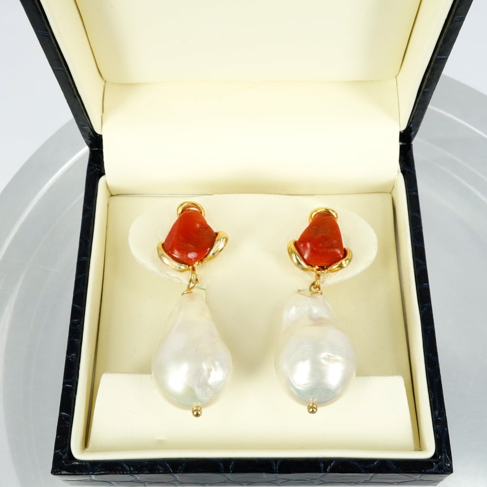 Image of Sicilian artisan yellow gold plated sterling silver, coral and baroque pearl drop earrings. M3208