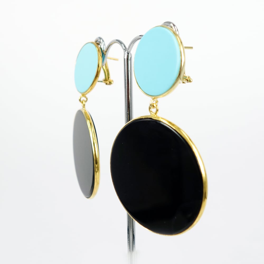 Image of Sicilian artisan yellow gold plate sterling silver onyx and turquoise retro drop earrings. M3215