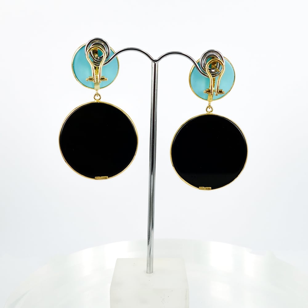Image of Sicilian artisan yellow gold plate sterling silver onyx and turquoise retro drop earrings. M3215