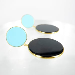 Image of Sicilian artisan yellow gold plate sterling silver onyx and turquoise retro drop earrings. M3215