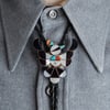 Zuni Inlay Thunderbird Bolo Tie signed "FYC" Zuni Silversmith, with Turquoise, Mother of Pearl Jet