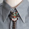 Zuni Inlay Thunderbird Bolo Tie signed MEZA, a Zuni Silversmith, with Turquoise, Mother of Pearl 