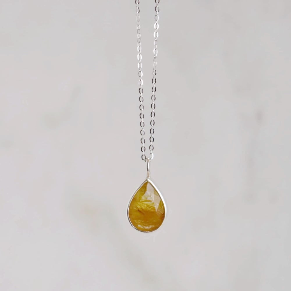 Image of Golden Rutilated Quartz pear cut silver necklace