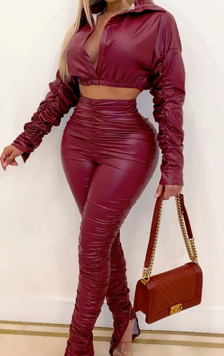 PU Leather Stacked Pants Set