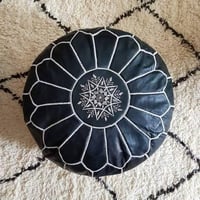 BLACK LEATHER POUF - OTTOMAN