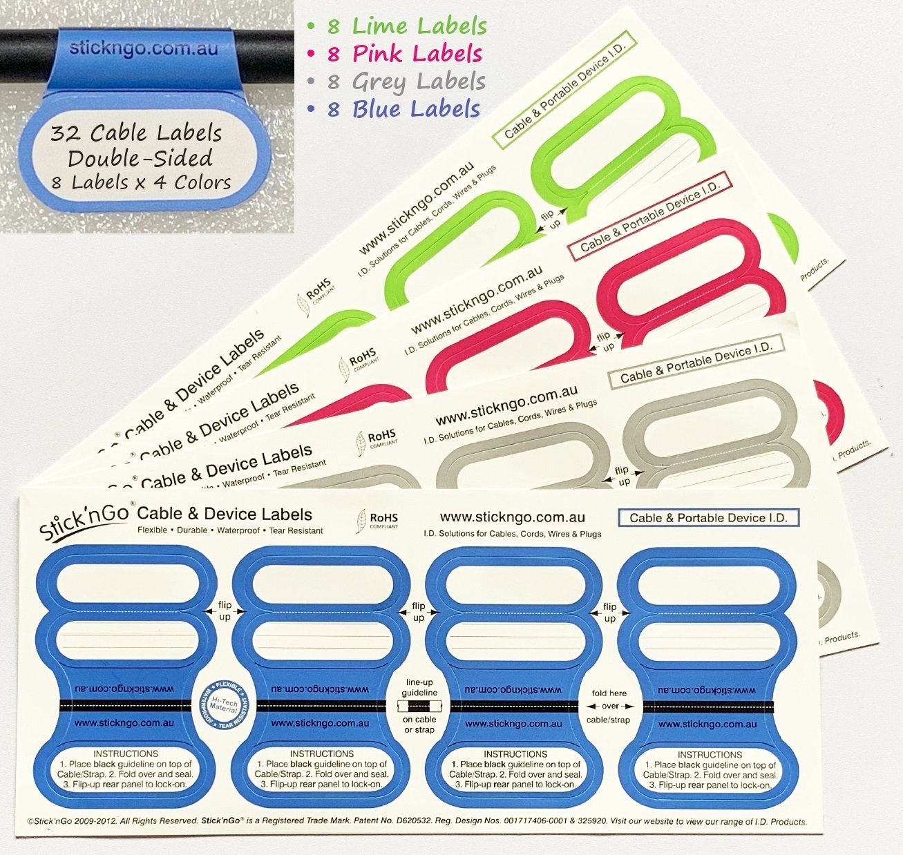 Image of Self-adhesive 'Office Size' Cable Labels - 32 Multicolour Pack