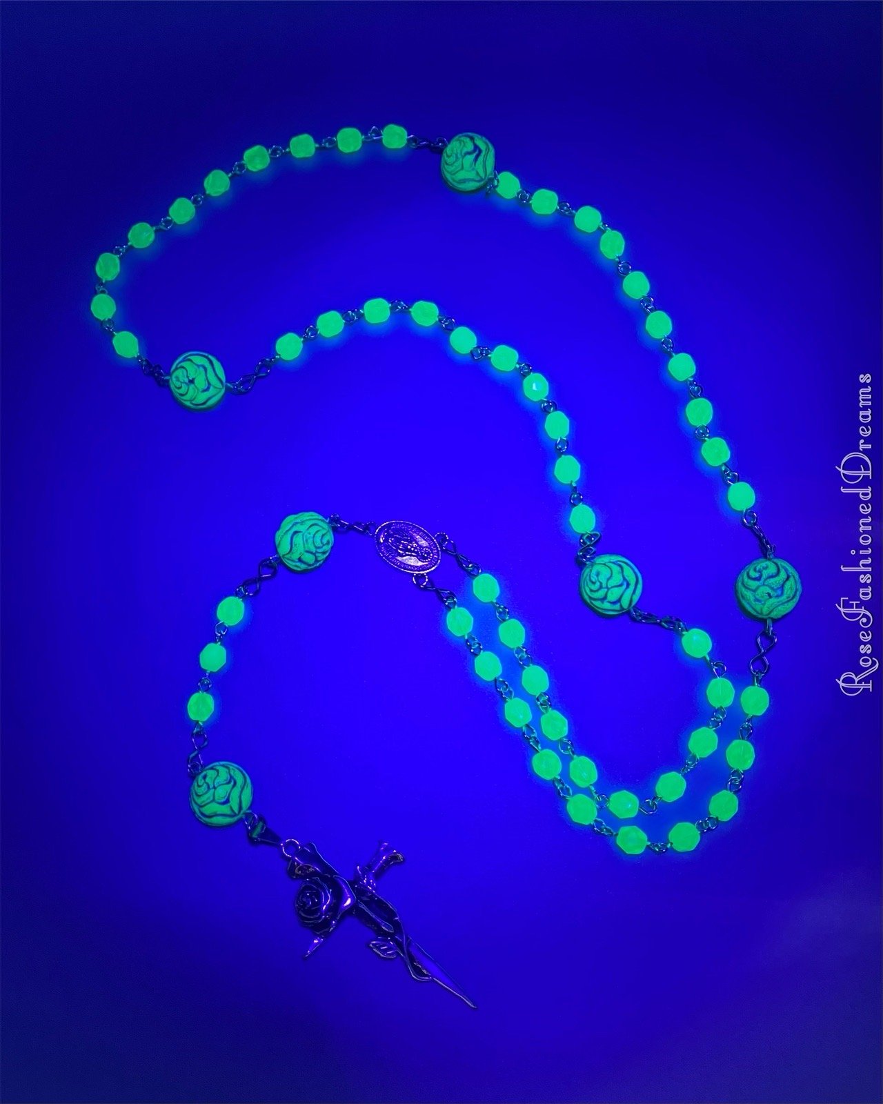 Rosary made with Czech uranium glass on sale beads and UV keychain flashlight