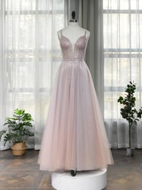 Image 1 of Light Pink Beaded Straps Tulle Floor Length Prom Dress, Beaded Party Dress