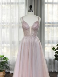 Image 2 of Light Pink Beaded Straps Tulle Floor Length Prom Dress, Beaded Party Dress