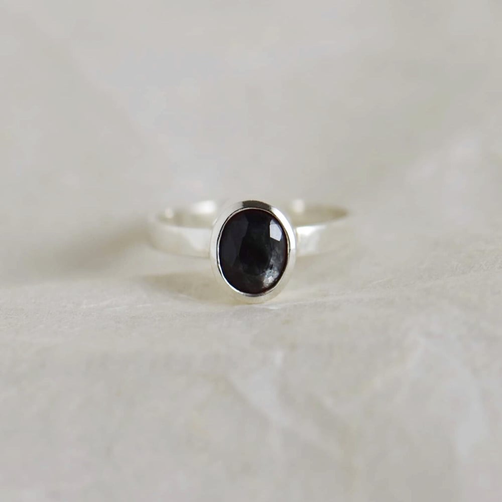 Image of Dark Green Sapphire oval cut wide band silver ring