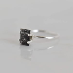 Image of Black Rutilated Quartz (Tourmalined Quartz) rectangular cut 4 claws silver ring