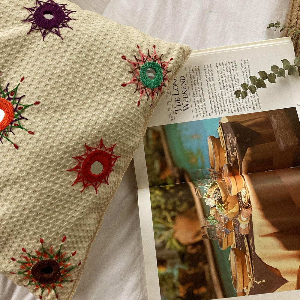 Image of Amma's Hand Embroidered Cushion Cover | கோவில்