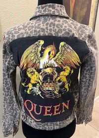 Image 1 of Vintage Brown Leopard Denim Jean Jacket Queen
