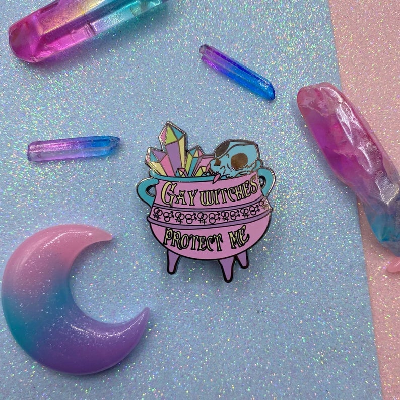 Image of Gay Witches Protect Me Enamel Pin