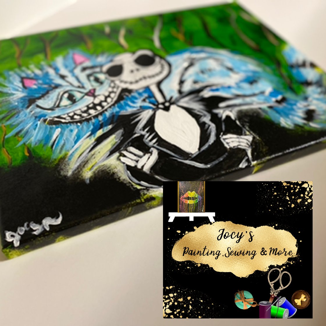 Image of Cheshire Cat & Jack Skellington Painting Canvas, 11x14, Gift, Home Decor