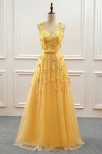 Image 1 of Yellow Tulle with Lace Flowers Long Prom Dress, Yellow Formal Dress Evening Dress
