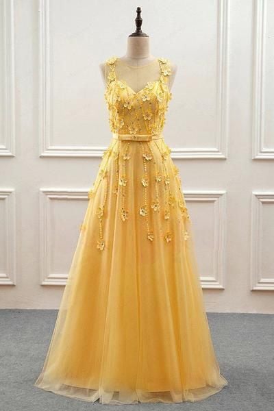 Yellow Tulle with Lace Flowers Long Prom Dress, Yellow Formal Dress Evening Dress