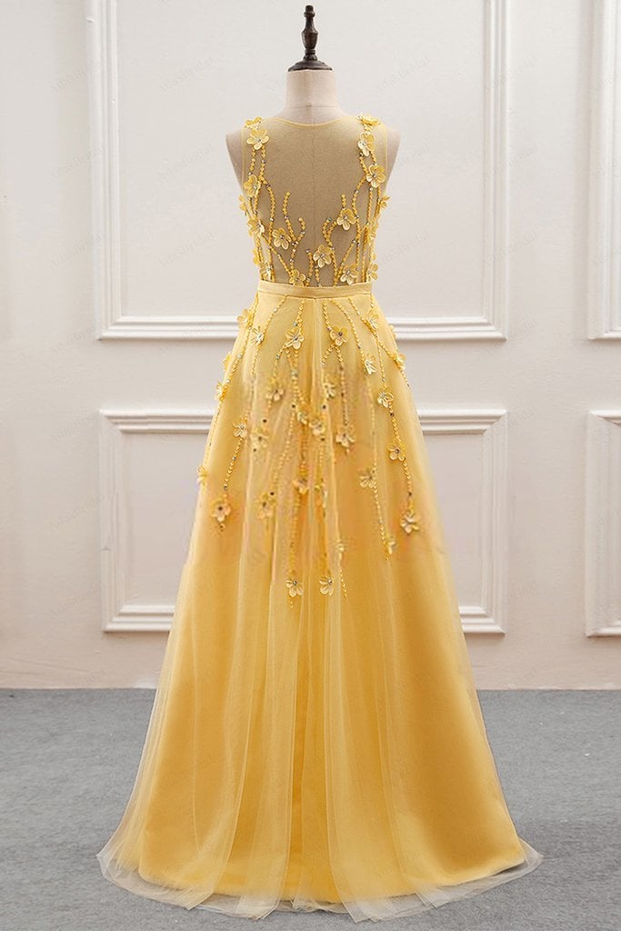 Yellow Tulle with Lace Flowers Long Prom Dress, Yellow Formal Dress Evening Dress