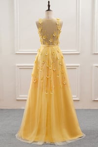 Image 2 of Yellow Tulle with Lace Flowers Long Prom Dress, Yellow Formal Dress Evening Dress
