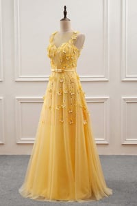 Image 3 of Yellow Tulle with Lace Flowers Long Prom Dress, Yellow Formal Dress Evening Dress
