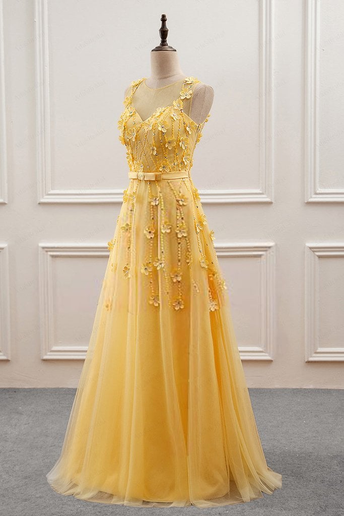 Yellow Tulle with Lace Flowers Long Prom Dress, Yellow Formal Dress Evening Dress