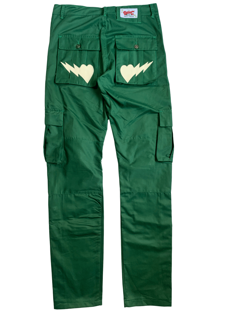 FOREST GREEN AND CREAM SNAP CARGO BONE PANTS