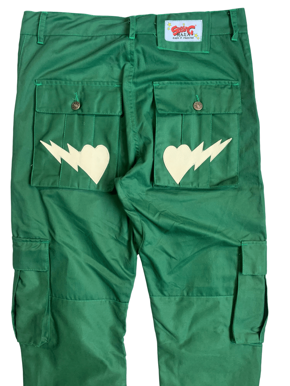 FOREST GREEN AND CREAM SNAP CARGO BONE PANTS