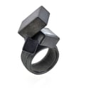 Contemporary sculptural oxidised silver ring set with aquamarine. Chris Boland Jewellery 