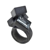 Image 1 of Contemporary sculptural oxidised silver ring set with aquamarine. Chris Boland Jewellery 