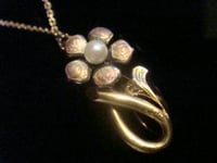Image 2 of ART NOUVEAU 18CT ENAMEL FLOWER WITH CULTURED PEARL NECKLACE ON 9CT CHAIN