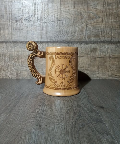 Image of Vegvisir viking wooden beer mug, Groomsmen gift, Bestman mug, Wedding Gift, Viking tankard