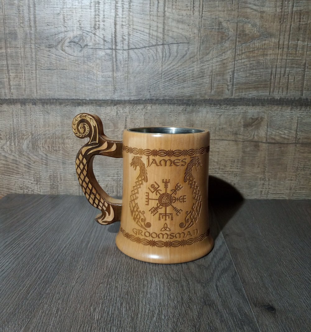 Image of Vegvisir viking wooden beer mug, Groomsmen gift, Bestman mug, Wedding Gift, Viking tankard