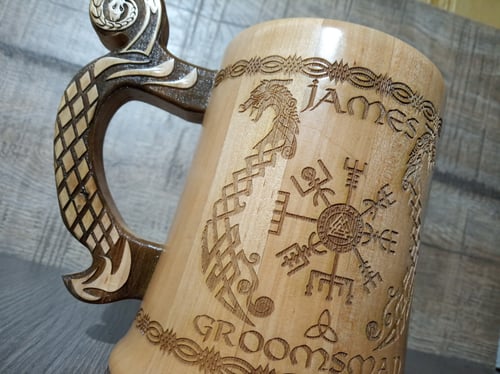 Image of Vegvisir viking wooden beer mug, Groomsmen gift, Bestman mug, Wedding Gift, Viking tankard
