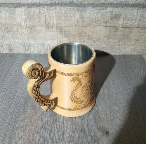 Image of Vegvisir viking wooden beer mug, Groomsmen gift, Bestman mug, Wedding Gift, Viking tankard