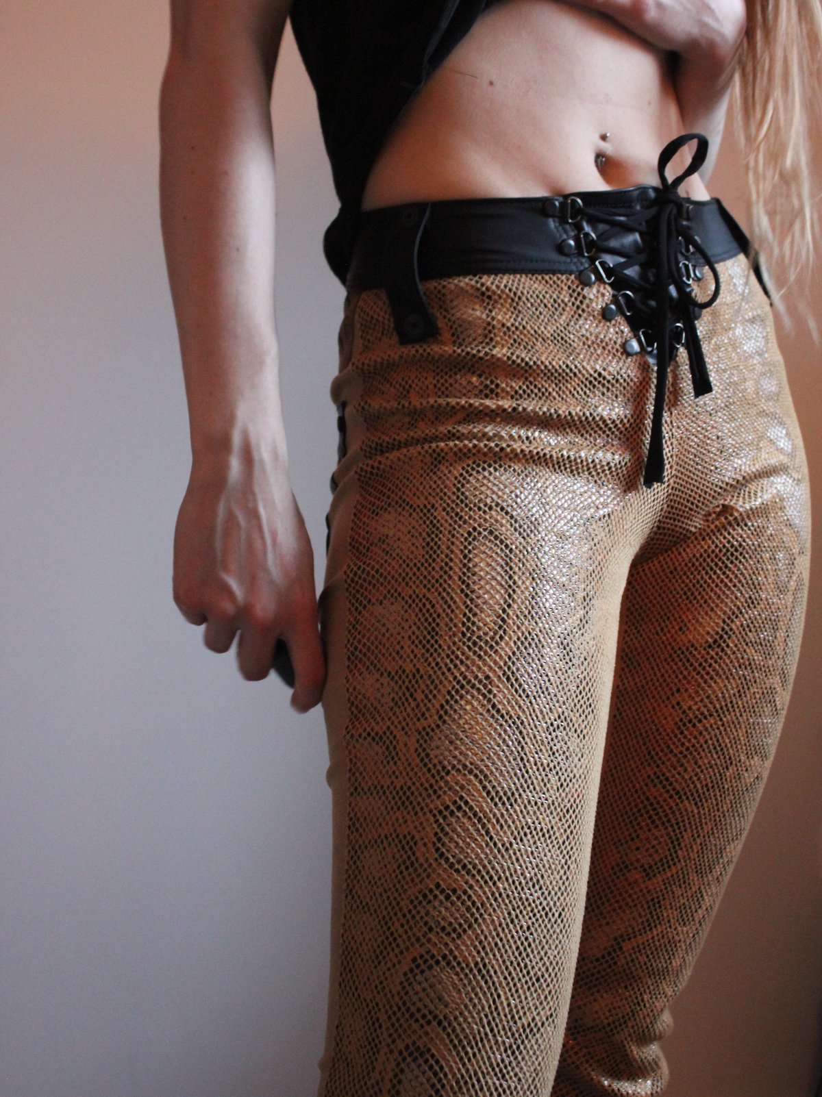 Image of THE PILGRIM YELLOW SNAKE SKIN AND SUEDE PANTS