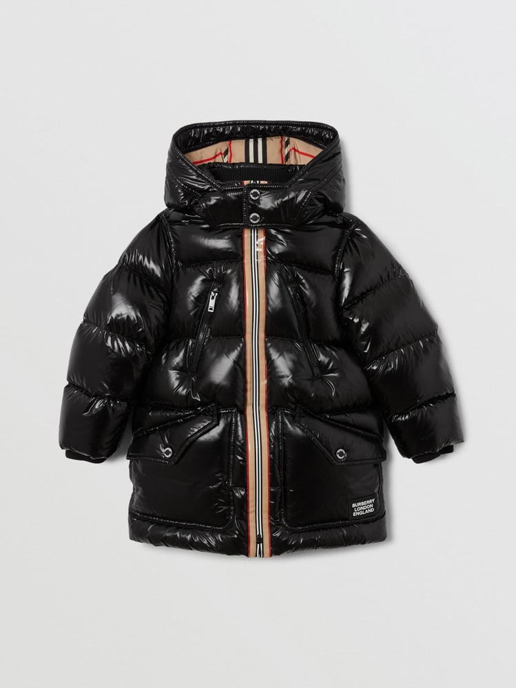 Image of BURBERRY Icon Stripe Trim Hooded Puffer Coat