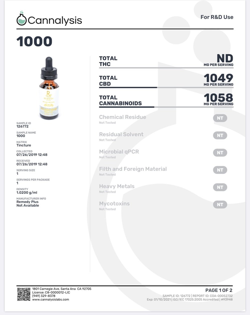 1000mg *NO THC* Daily Health Tincture - NEW - Remedy+