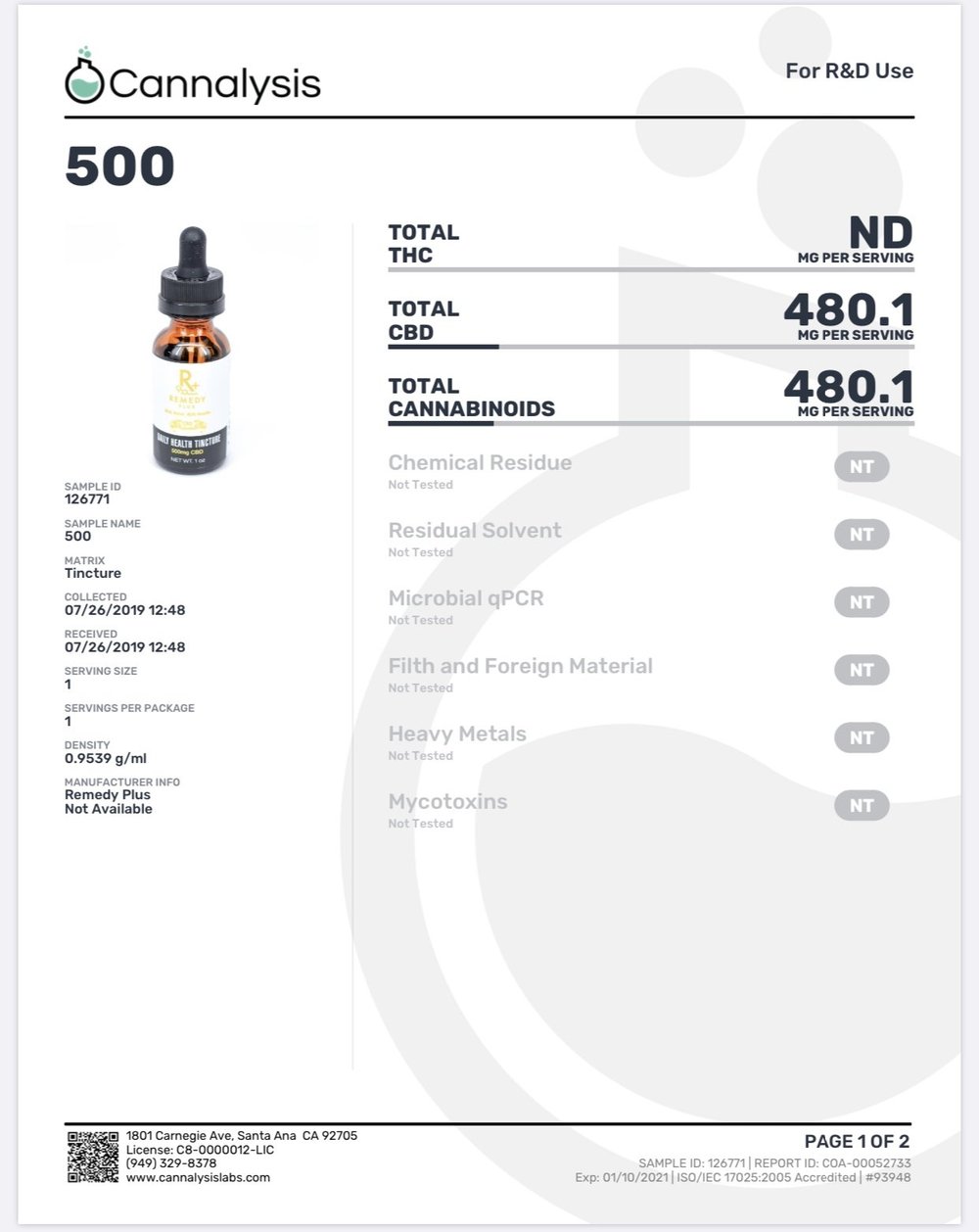 500mg CBD Tincture -  Remedy + 