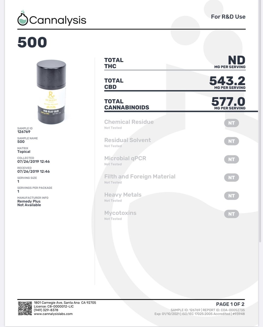 500mg - Pain Relief Balm- Remedy+ CBD